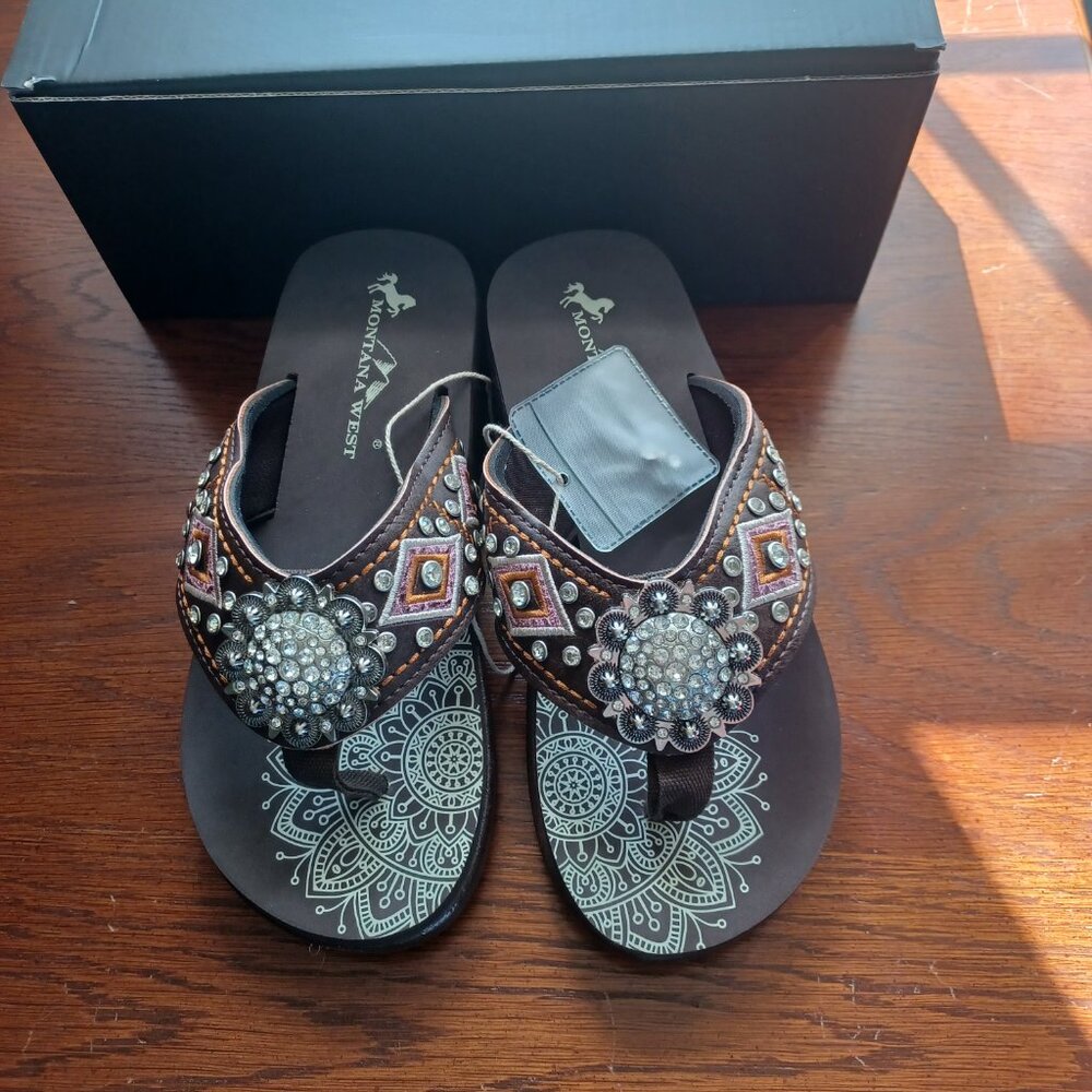 Montana West Brown Embellished Women's Flip Flops